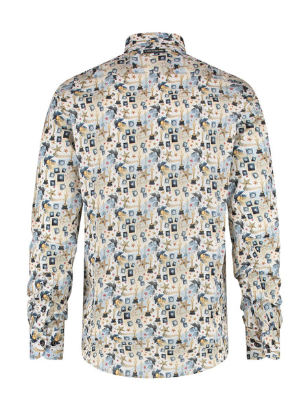 A Fish Named Fred Shirt With Large Exotic Flowers On White Cotton.