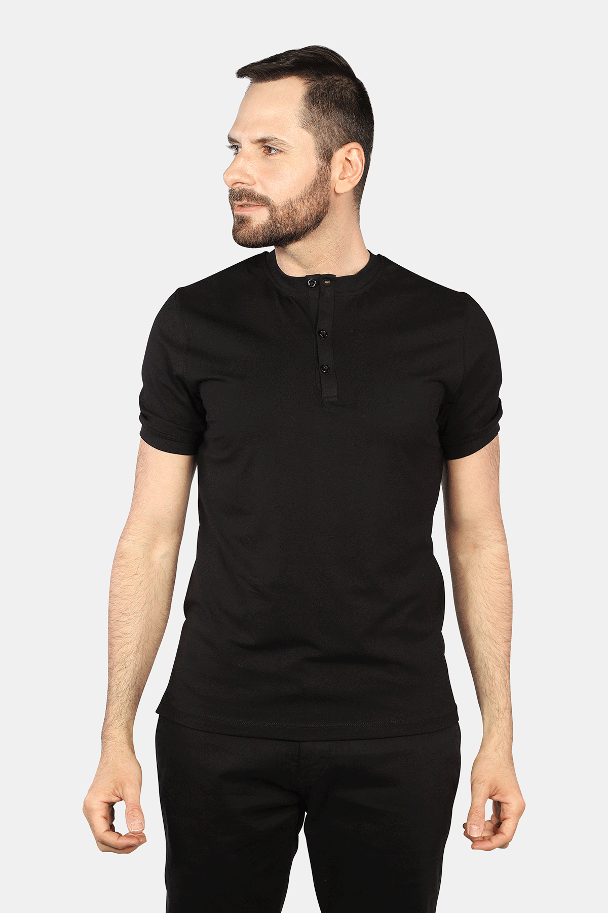 Stretch Henley Short Sleeve in Black - 7 Downie St.®