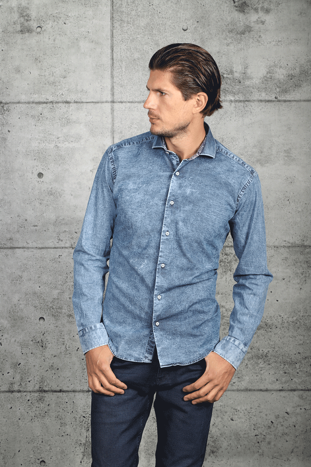 Grey jeans blue denim shirt shop