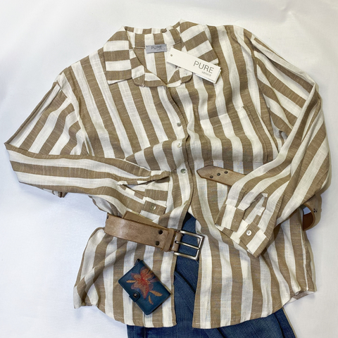 Pure Venice - Beige Striped Linen Shirt With One Pocket
